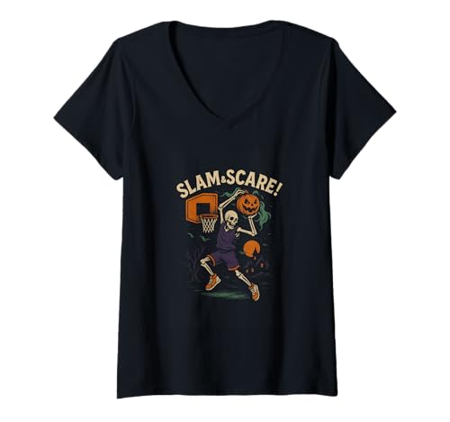 Damen Slam and Scare Skeleton Basketball Halloween T-Shirt mit V-Ausschnitt Damen Slam and Scare Skeleton Basketball Halloween T-Shirt mit V-Ausschnitt von Spooky Halloween Basketball Skeleton Costume Fans