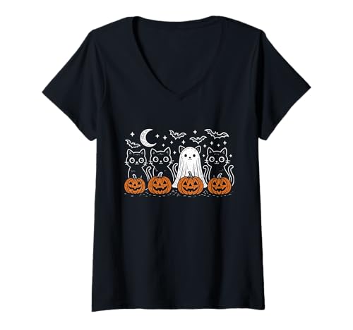 Damen Halloween Schwarze Katzen Geist Kürbisse Halbmond T-Shirt mit V-Ausschnitt Damen Halloween Schwarze Katzen Geist Kürbisse Halbmond T-Shirt mit V-Ausschnitt von Spooky Halloween Bats and Cats Merch