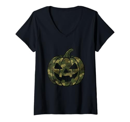 Damen Camo Camouflage Kürbis Halloween Kostüm T-Shirt mit V-Ausschnitt von Spooky Halloween Camo Camouflage Pumpkin