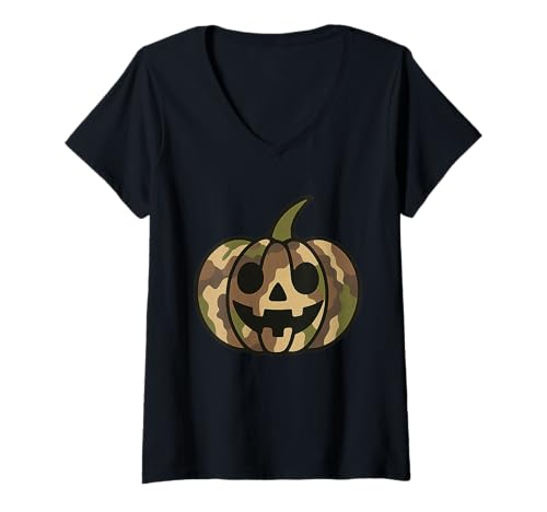 Damen Camouflage Kürbis Halloween Herren Damen Kinder T-Shirt mit V-Ausschnitt von Spooky Halloween Camo Camouflage Pumpkin