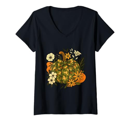 Damen Floral Camo Camouflage Kürbis Halloween T-Shirt mit V-Ausschnitt von Spooky Halloween Camo Camouflage Pumpkin