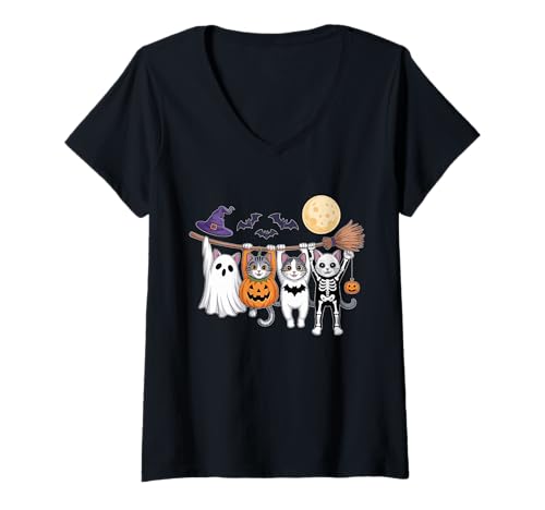 Damen Cute Halloween Cat Ghost Pumpkin Skeleton T-Shirt mit V-Ausschnitt von Spooky Halloween Cat Ghost Costume Lovers