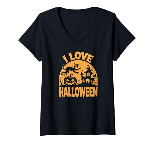 Damen I Love Halloween Katze Kürbis Spukhaus T-Shirt mit V-Ausschnitt Damen I Love Halloween Katze Kürbis Spukhaus T-Shirt mit V-Ausschnitt von Spooky Halloween Cat Haunted House Pumpkin