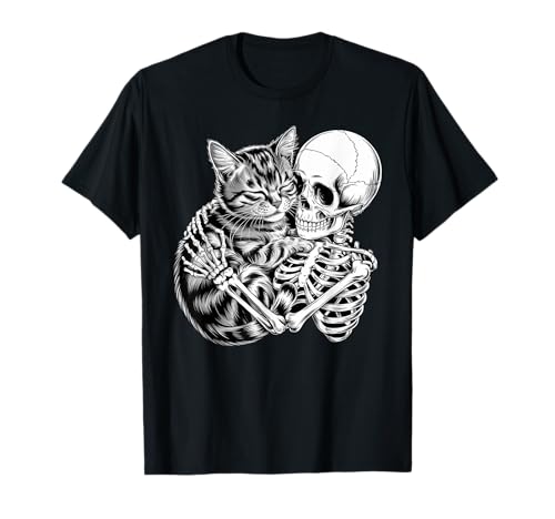 Damen Halloween Katze Skelett Umarmung Katze Halloween Mädchen T-Shirt von Spooky Halloween Cat Skeleton Shirts Women Girl