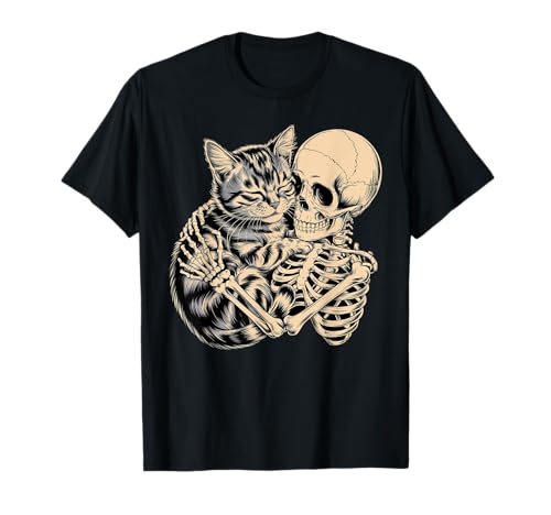 Damen Halloween Katze Skelett Umarmung Katze Halloween Mädchen T-Shirt von Spooky Halloween Cat Skeleton Shirts Women Girl