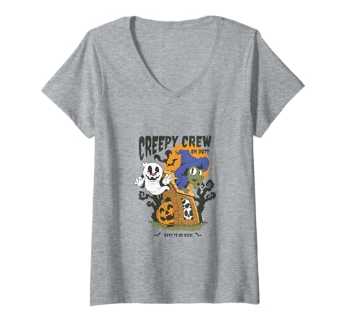Damen Gruselige Crew Halloween Geist und Hexe T-Shirt mit V-Ausschnitt von Spooky Halloween Costume Art