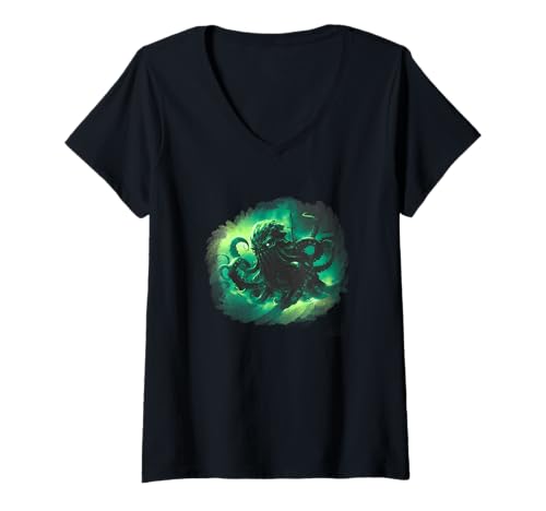 Damen Halloween-Kunst, mythische Kreatur des Kraken-Seemonsters T-Shirt mit V-Ausschnitt von Spooky Halloween Costume Art