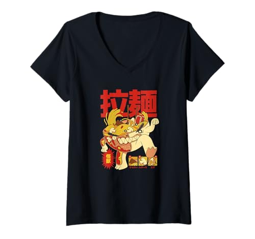 Damen Lustige Ramen Kaiju Monster Japanische Lebensmittelkunst T-Shirt mit V-Ausschnitt von Spooky Halloween Costume Art