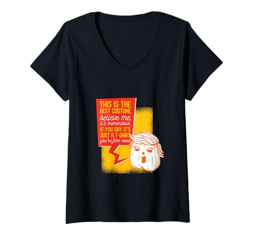 Damen Lustiges Kürbis-Kostüm für orangefarbenen Mann T-Shirt mit V-Ausschnitt von Spooky Halloween Costume Art