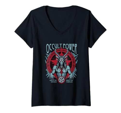 Damen Okkulte Macht - Dunkle Ziege & Pentagramm Illustration T-Shirt mit V-Ausschnitt von Spooky Halloween Costume Art