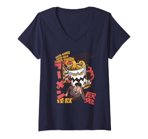 Damen Ramen Attack Kaiju Monster City Lustige Kunst T-Shirt mit V-Ausschnitt von Spooky Halloween Costume Art