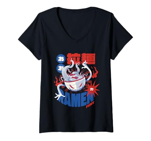 Damen Ramen Fury Monster Japanisches Essen Halloween Kunst T-Shirt mit V-Ausschnitt von Spooky Halloween Costume Art