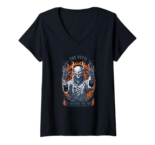Damen The Devil is Waiting for You - Halloween Horror Art T-Shirt mit V-Ausschnitt von Spooky Halloween Costume Art