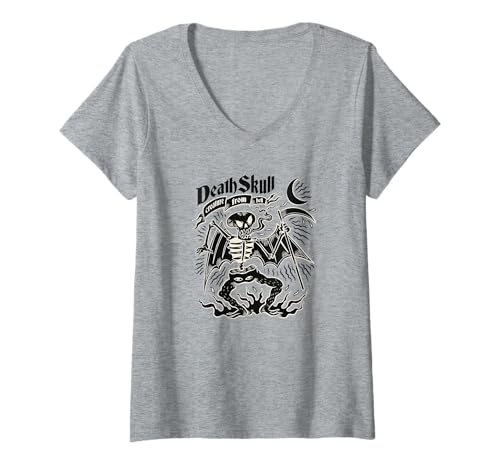 Damen Todesschädel Kreatur aus der Hölle Halloween Kunst T-Shirt mit V-Ausschnitt von Spooky Halloween Costume Art
