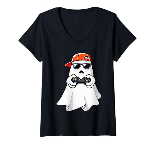 Damen Lustiges Halloween Gamer Gaming Gruselgeist Kostüm Gamer T-Shirt mit V-Ausschnitt Damen Lustiges Halloween Gamer Gaming Gruselgeist Kostüm Gamer T-Shirt mit V-Ausschnitt von Spooky Halloween Costume Video Games