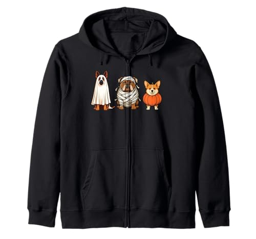Halloween Hundetrio Geist, Mama & Kürbis Corgi Kapuzenjacke von Spooky Halloween Dogs