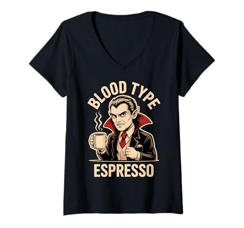 Damen Lustiger Vampir Kaffee Halloween T-Shirt mit V-Ausschnitt Damen Lustiger Vampir Kaffee Halloween T-Shirt mit V-Ausschnitt von Spooky Halloween Easy Costume Tees