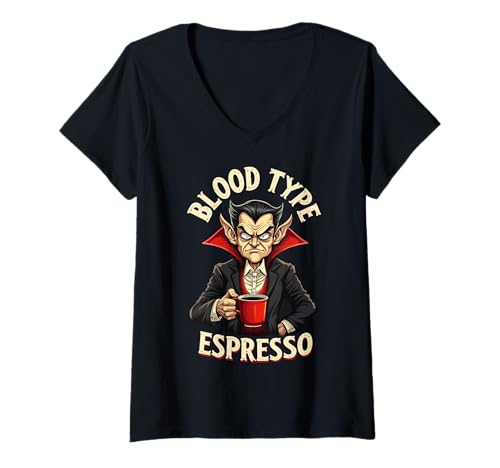 Damen Lustiger Vampir-Kaffee für Halloween T-Shirt mit V-Ausschnitt Damen Lustiger Vampir-Kaffee für Halloween T-Shirt mit V-Ausschnitt von Spooky Halloween Easy Costumes Tees