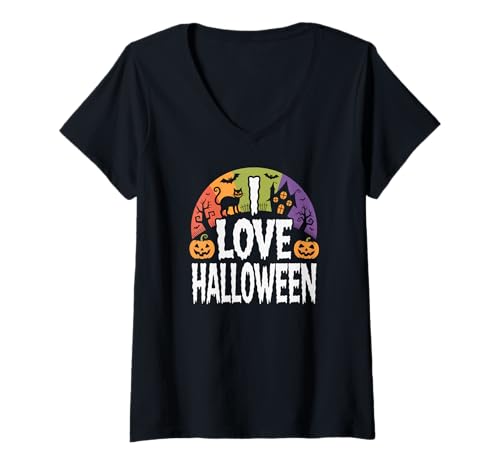 Damen Ich Liebe Halloween Haunted Night Fun T-Shirt mit V-Ausschnitt von Spooky Halloween Enthusiast Fun