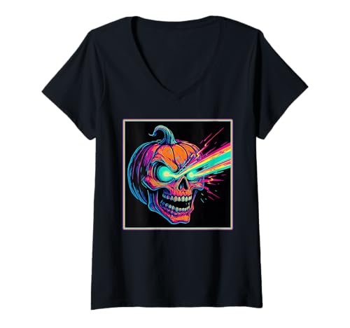 Damen Laser Eye Pumpkin Skull Horror Jack O'Lantern T-Shirt mit V-Ausschnitt Damen Laser Eye Pumpkin Skull Horror Jack O'Lantern T-Shirt mit V-Ausschnitt von Spooky Halloween Evil Pumpkin Skull Design