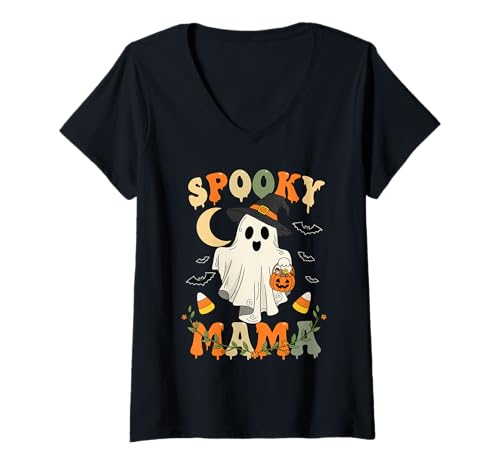 Damen Gruselige Mama Groovy Ghost Witch Halloween Kostüm Mama T-Shirt mit V-Ausschnitt Damen Gruselige Mama Groovy Ghost Witch Halloween Kostüm Mama T-Shirt mit V-Ausschnitt von Spooky Halloween Family Matching Apparel Co.