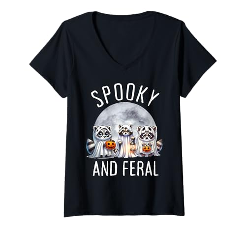 Damen Gruseliges und wildes Halloween Süßes Geister-Waschbär Trick or Treat T-Shirt mit V-Ausschnitt von Spooky Halloween Feral Raccoons Pumpkin Costume