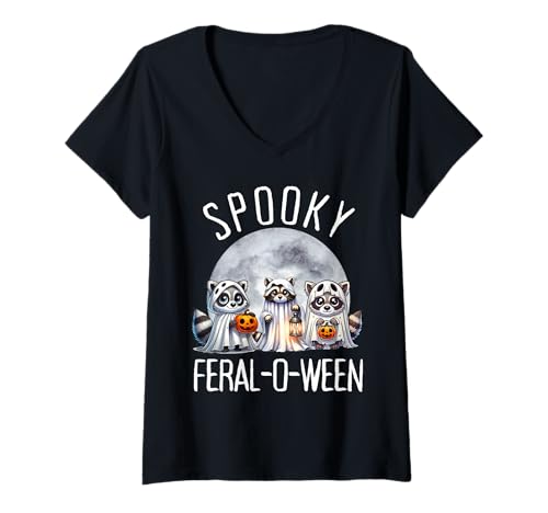 Damen Gruseliges und wildes Halloween Süßes Geister-Waschbär Trick or Treat T-Shirt mit V-Ausschnitt von Spooky Halloween Feral Raccoons Pumpkin Costume