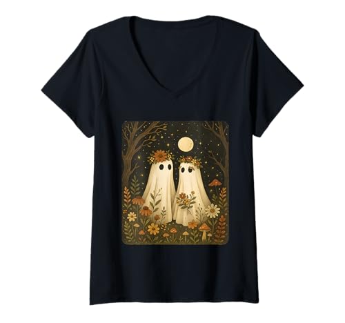 Damen Blumenwald Niedlicher Geist Frauen Mädchen Halloween T-Shirt mit V-Ausschnitt Damen Blumenwald Niedlicher Geist Frauen Mädchen Halloween T-Shirt mit V-Ausschnitt von Spooky Halloween Floral Ghost Vintage