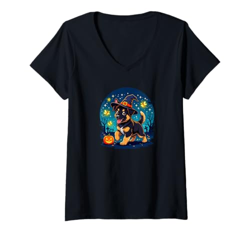 Damen Deutscher Schäferhund Welpe Halloween Hexenhut Kürbis T-Shirt mit V-Ausschnitt Damen Deutscher Schäferhund Welpe Halloween Hexenhut Kürbis T-Shirt mit V-Ausschnitt von Spooky Halloween GSD Dog Art by polygrafix