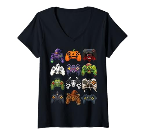 Damen Halloween Gaming Controller Jack O Lantern Kürbis Hexe T-Shirt mit V-Ausschnitt von Spooky Halloween Gaming Controllers