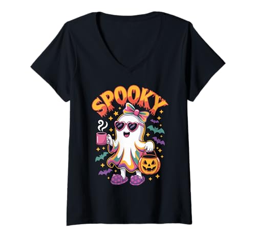 Damen Spooky Halloween Ghost Colorful Coquette Bow Girl Women T-Shirt mit V-Ausschnitt Damen Spooky Halloween Ghost Colorful Coquette Bow Girl Women T-Shirt mit V-Ausschnitt von Spooky Halloween Ghost Colorful Coquette Bow Tee