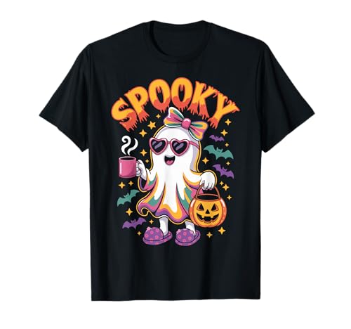 Spooky Halloween Ghost Colorful Coquette Bow Girl Women T-Shirt von Spooky Halloween Ghost Colorful Coquette Bow Tee