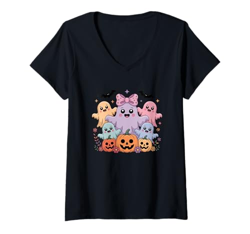 Damen Niedliche Geister Kürbisse Halloween Spaß T-Shirt mit V-Ausschnitt Damen Niedliche Geister Kürbisse Halloween Spaß T-Shirt mit V-Ausschnitt von Spooky Halloween Ghost Pumpkin Friends