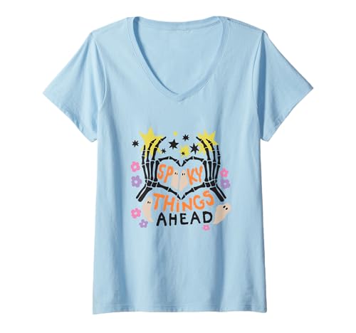 Damen Spooky Things Ahead Skelett Ghost Stars T-Shirt mit V-Ausschnitt Damen Spooky Things Ahead Skelett Ghost Stars T-Shirt mit V-Ausschnitt von Spooky Halloween Ghost Skeleton Stars