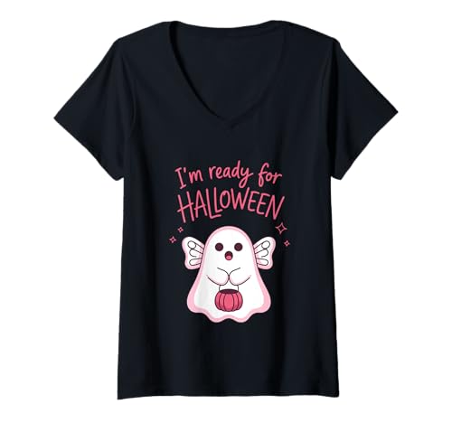 Damen Ich Bin bereit für Halloween Ghost Cute Spirit T-Shirt mit V-Ausschnitt Damen Ich Bin bereit für Halloween Ghost Cute Spirit T-Shirt mit V-Ausschnitt von Spooky Halloween Ghost Spirit Fun Boo