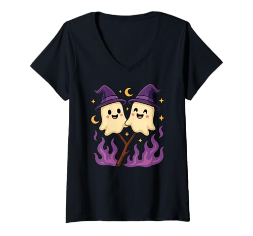 Damen Niedliche Geister Marshmallow Hexenhüte Halloween T-Shirt mit V-Ausschnitt Damen Niedliche Geister Marshmallow Hexenhüte Halloween T-Shirt mit V-Ausschnitt von Spooky Halloween Ghost Witch Hat Magic