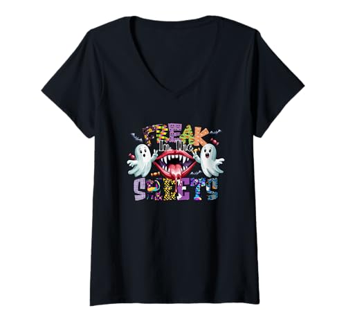 Damen Freak In The Sheets Halloween-Spaß mit Geistern T-Shirt mit V-Ausschnitt Damen Freak In The Sheets Halloween-Spaß mit Geistern T-Shirt mit V-Ausschnitt von Spooky Halloween Ghosts Candy Fun