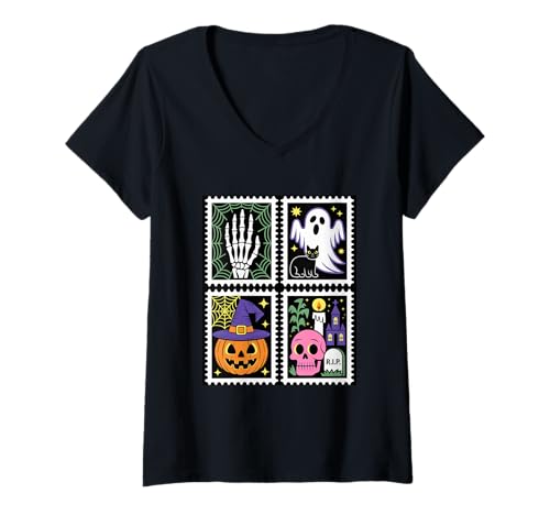 Damen Gruselige Halloween-Geister und Kürbisse T-Shirt mit V-Ausschnitt von Spooky Halloween Ghosts Pumpkins