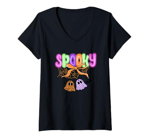 Damen Gruselige Geister, niedlich, Retro, Halloween T-Shirt mit V-Ausschnitt von Spooky Halloween Ghosts Retro Pumpkin Fun