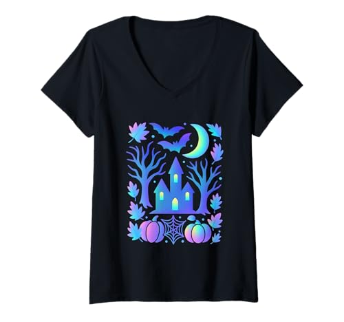 Damen Spukhaus Fledermäuse Mond Gruselige Nacht T-Shirt mit V-Ausschnitt Damen Spukhaus Fledermäuse Mond Gruselige Nacht T-Shirt mit V-Ausschnitt von Spooky Halloween Haunted Night Magic Moon
