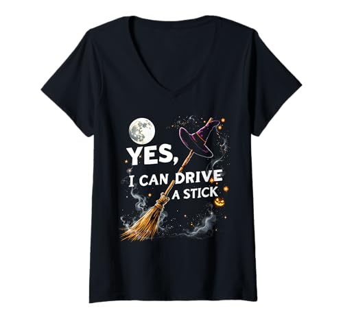 Damen Funny Halloween Witch Yes I Can Drive A Stick T-Shirt mit V-Ausschnitt Damen Funny Halloween Witch Yes I Can Drive A Stick T-Shirt mit V-Ausschnitt von Spooky Halloween Humour