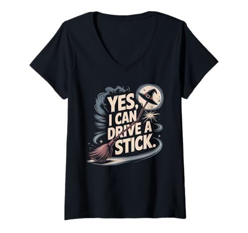 Damen Funny Halloween Witch Yes I Can Drive A Stick T-Shirt mit V-Ausschnitt Damen Funny Halloween Witch Yes I Can Drive A Stick T-Shirt mit V-Ausschnitt von Spooky Halloween Humour