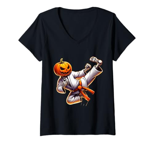 Damen Karate Halloween Kürbis Skelett Gruselige Kampfsport T-Shirt mit V-Ausschnitt von Spooky Halloween Martial Arts Pumpkin Costume