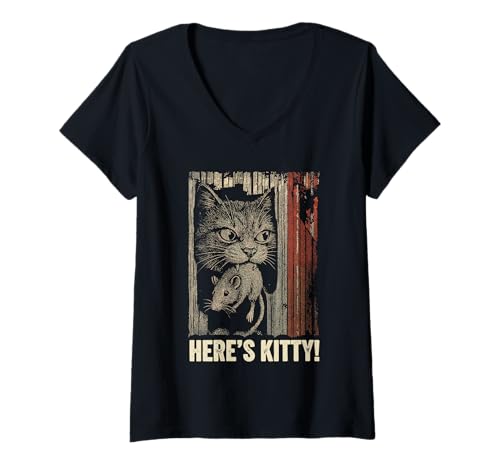 Damen Here's Kitty! Katze Halloween Gruselige Grafik T-Shirt mit V-Ausschnitt Damen Here's Kitty! Katze Halloween Gruselige Grafik T-Shirt mit V-Ausschnitt von Spooky Halloween Merch