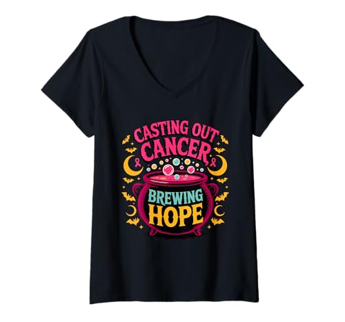 Damen Halloween Brustkrebs Krebs vertreiben T-Shirt mit V-Ausschnitt Damen Halloween Brustkrebs Krebs vertreiben T-Shirt mit V-Ausschnitt von Spooky Halloween Pink Awareness October Collection