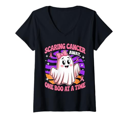 Damen Halloween Krebs vertreiben Brustkrebs Bewusstsein T-Shirt mit V-Ausschnitt Damen Halloween Krebs vertreiben Brustkrebs Bewusstsein T-Shirt mit V-Ausschnitt von Spooky Halloween Pink Awareness October Collection