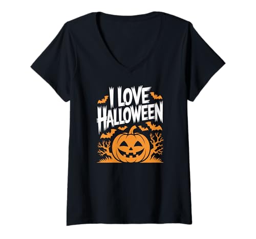 Damen I Love Halloween Kürbis Fun Fledermäuse T-Shirt mit V-Ausschnitt Damen I Love Halloween Kürbis Fun Fledermäuse T-Shirt mit V-Ausschnitt von Spooky Halloween Pumpkin Bat Fun Design