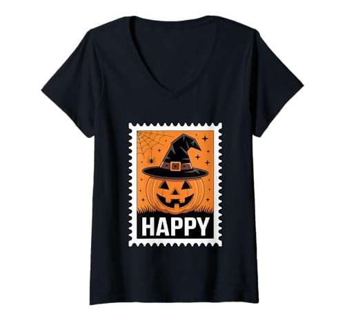 Damen Happy Halloween Kürbis Hexenhut T-Shirt mit V-Ausschnitt Damen Happy Halloween Kürbis Hexenhut T-Shirt mit V-Ausschnitt von Spooky Halloween Pumpkin Magic
