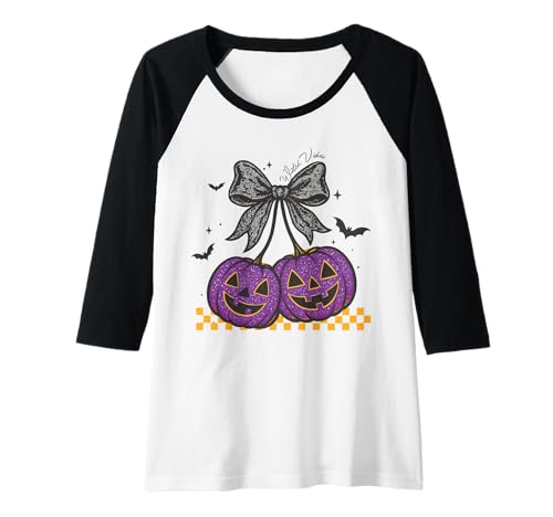 Damen Lila Kürbis Jack O Laterne Halloween Schleife Fledermäuse niedlich gruselig Raglan Damen Lila Kürbis Jack O Laterne Halloween Schleife Fledermäuse niedlich gruselig Raglan von Spooky Halloween Pumpkin Party Shirt Collection