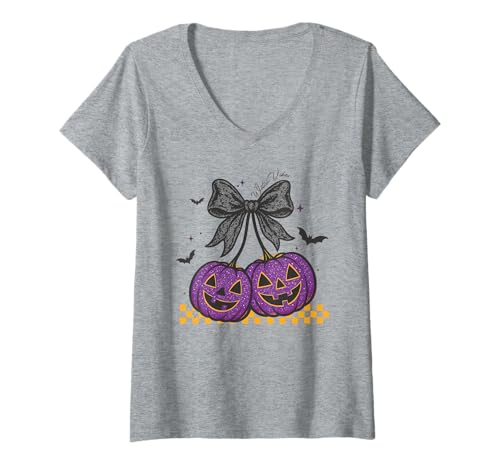 Damen Lila Kürbis Jack O Laterne Halloween Schleife Fledermäuse niedlich gruselig T-Shirt mit V-Ausschnitt Damen Lila Kürbis Jack O Laterne Halloween Schleife Fledermäuse niedlich gruselig T-Shirt mit V-Ausschnitt von Spooky Halloween Pumpkin Party Shirt Collection